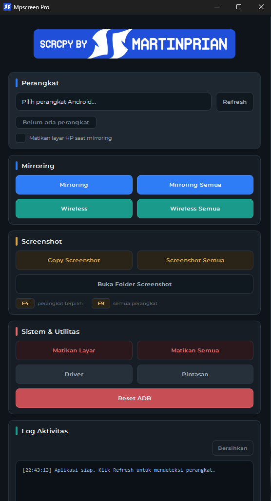 Preview aplikasi Mpscreen di desktop Windows